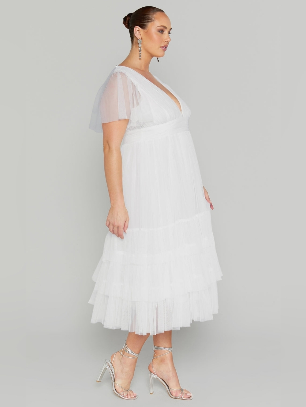 Showpo White Tiered V-Neck Tulle Midi Dress